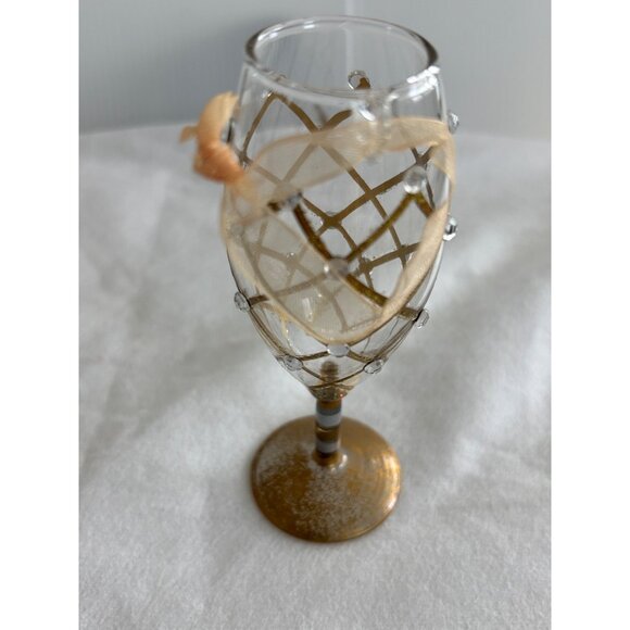 Handcrafted Glass Champagne Flute Ornament With Gold Diamond Grid & Ribbon Embel - Picture 2 of 4